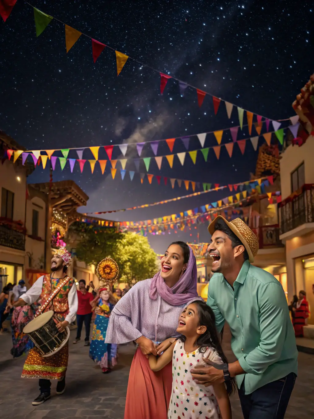 An image of a cultural festival with colorful animations projected onto buildings, accompanied by high-quality sound, illustrating the immersive experience provided by TOP ANIMATION EVENT'S.