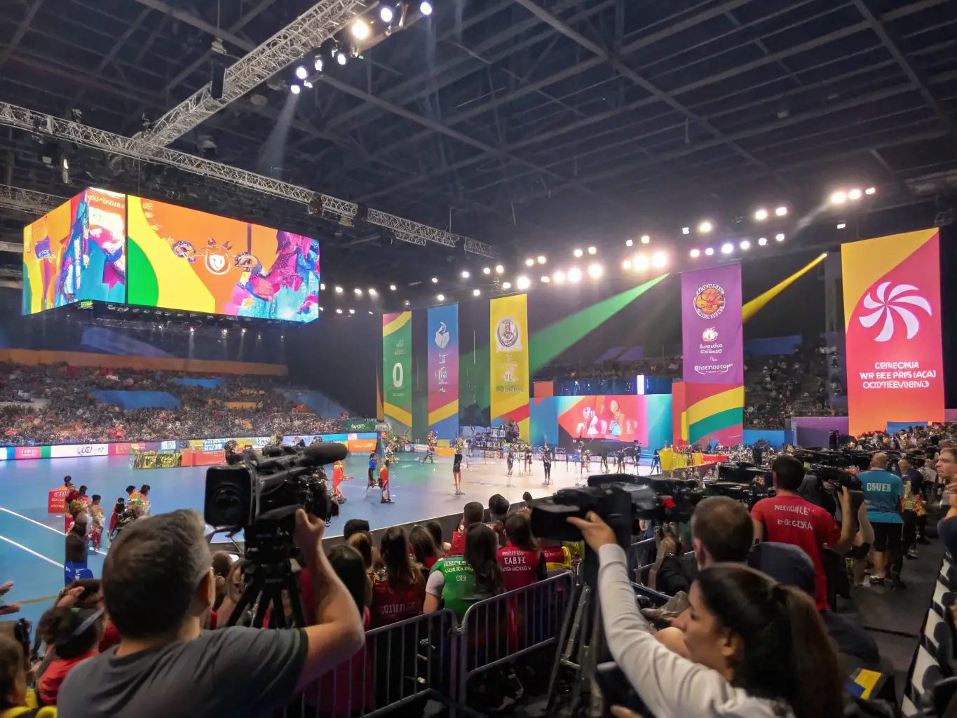 A dynamic image of a sports event with high-quality sound equipment visible, capturing the energy of the crowd and the clarity of the audio provided by TOP ANIMATION EVENT'S.