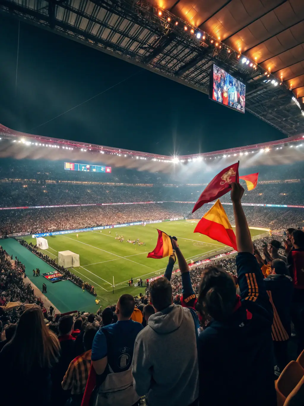 A dynamic image depicting a sports event at night, showcasing vibrant lighting effects and a cheering crowd, emphasizing the excitement and energy created by TOP ANIMATION EVENT'S services.