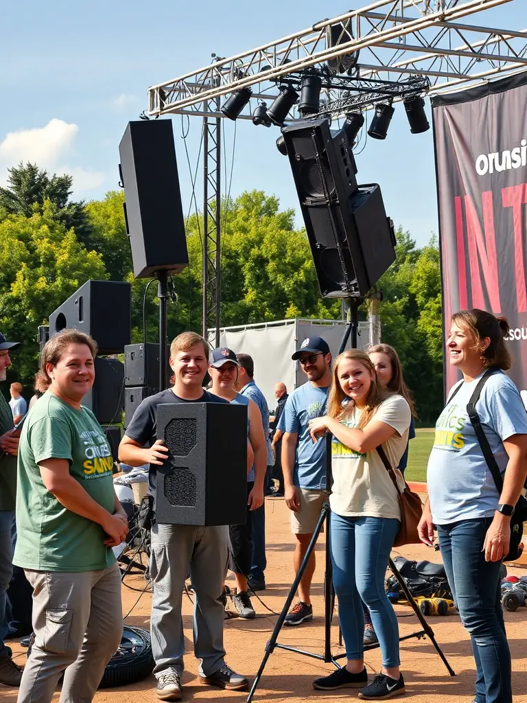 A picture of volunteers setting up equipment for a community festival, emphasizing the collaborative spirit and community involvement facilitated by TOP ANIMATION EVENT'S.