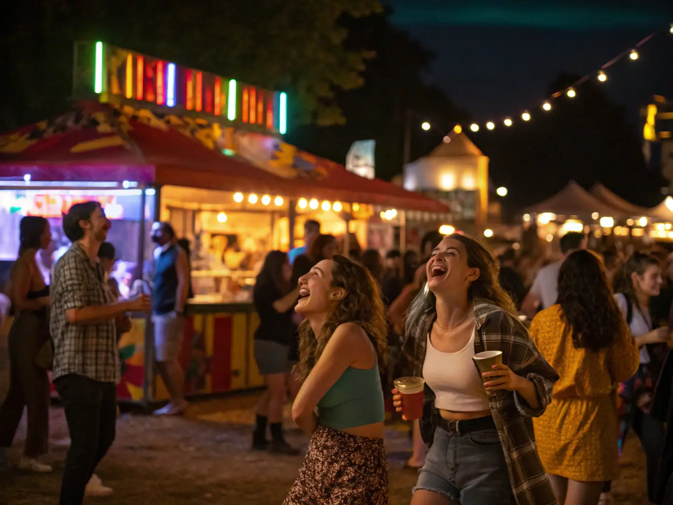 A vibrant scene of a local cultural festival at night, featuring colorful lighting illuminating the stage and animated projections on nearby buildings, capturing the lively atmosphere created by TOP ANIMATION EVENT'S.