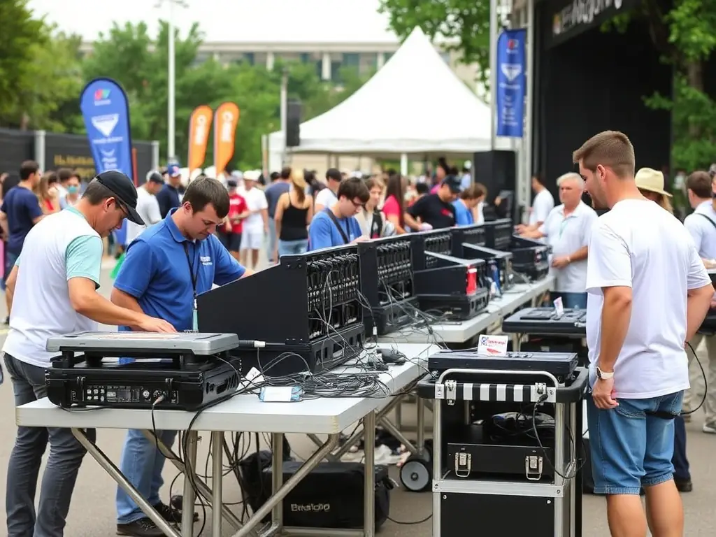 A photo showcasing volunteers from TOP ANIMATION EVENT'S setting up equipment for a community event, highlighting their dedication and the impact of their work.