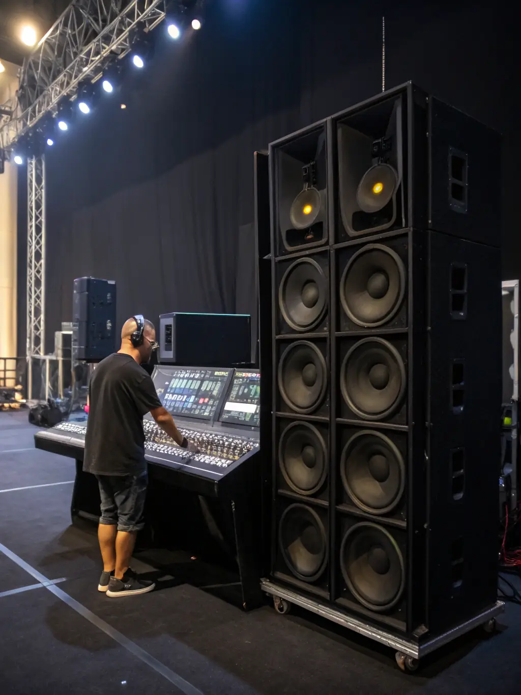 A dynamic image of a sound engineer adjusting audio equipment at a live music event, highlighting the professional sound services provided by TOP ANIMATION EVENT'S.