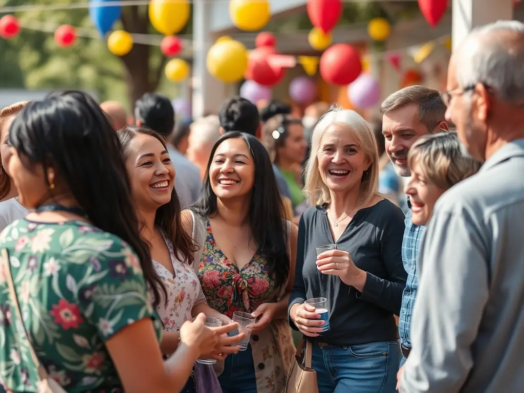 A vibrant image showing a diverse group of people enjoying an outdoor cultural event animated by TOP ANIMATION EVENT'S, with colorful lighting and engaging sound.