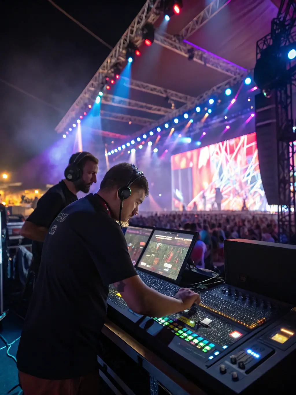A photo of sound engineers working at an outdoor concert, adjusting equipment to ensure optimal sound quality, highlighting the technical expertise of TOP ANIMATION EVENT'S.